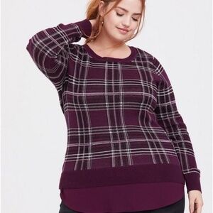 Torrid Sweater Women 26 Purple Pullover Plaid Chiffon Festive Holiday Classic